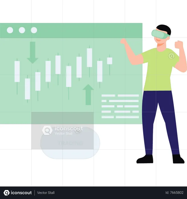 Young guy wearing VR goggles looks at trading graph  Illustration