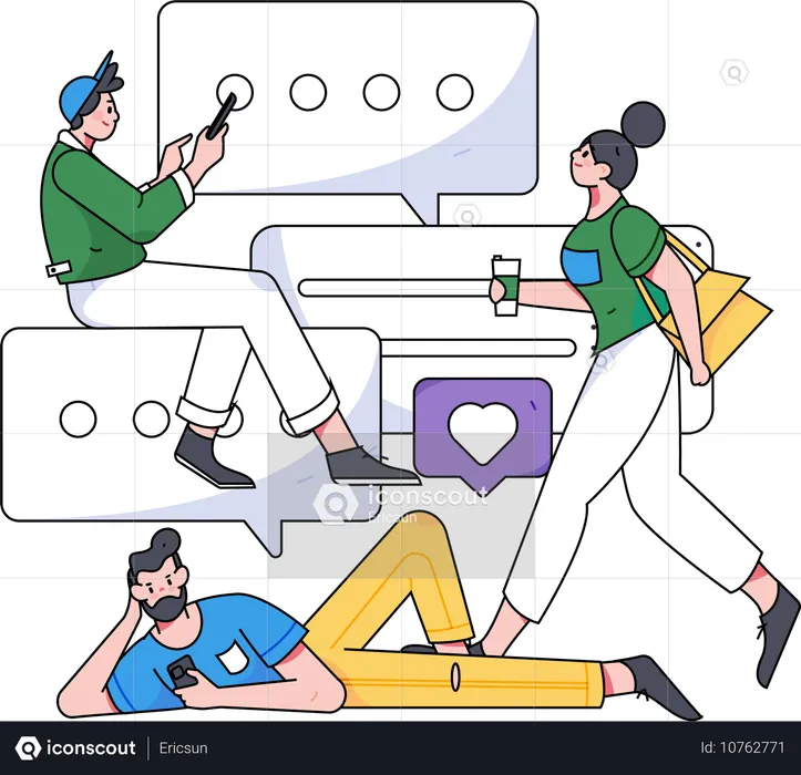 Young guys talking on social media while girl walking with coffee cup  Illustration