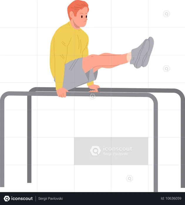 Young gymnast doing handstand balancing on horizontal crossbars  on white  Illustration