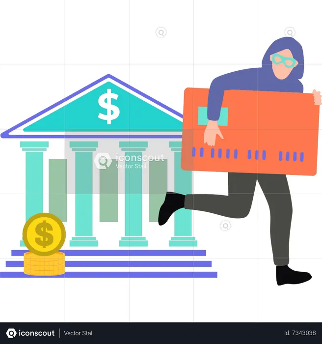 Young hacker running away with credit card  Illustration