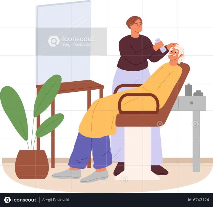 Young hairdresser shaving beard to old man  Illustration