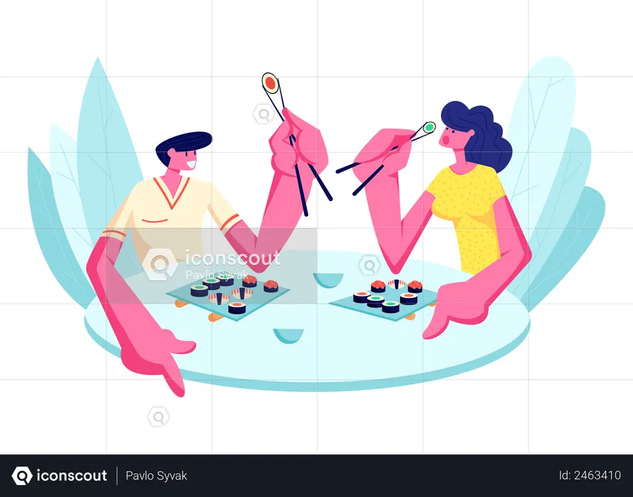 Young Happy Couple Eating Sushi in Restaurant  Illustration