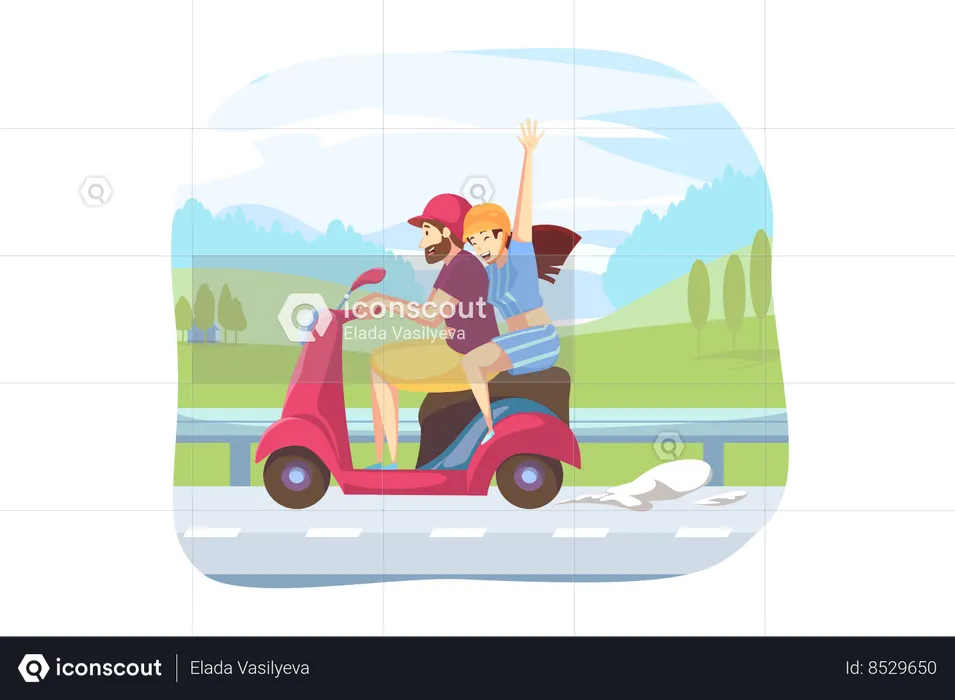 Young happy couple riding scooter together  Illustration