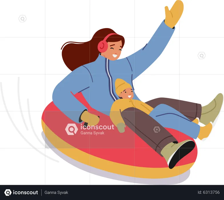 Young Happy Girl Sliding on Snow Tubing Having Fun On Winter Holidays  Illustration