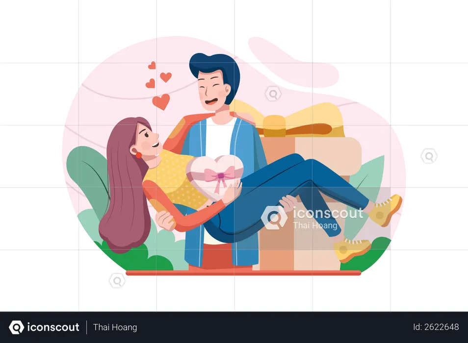 Young happy man holding woman in his arms with present in background  Illustration