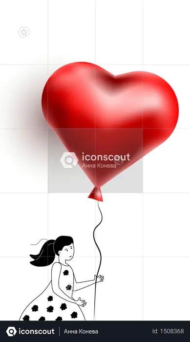 Young happy woman walking with balloon in the shape of heart  Illustration