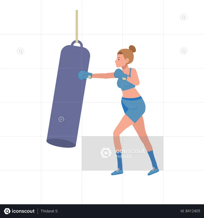 Young healthy woman punching at boxing bag. Sport and exercising  Illustration