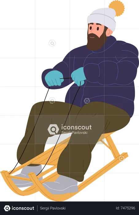 Young hipster man sledding downhill enjoying fun speed sleigh ride  Illustration