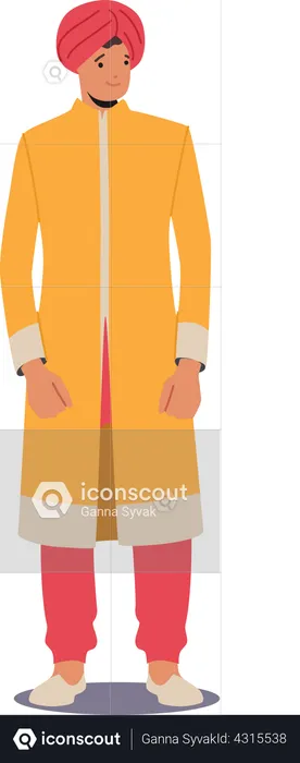 Young Indian Man wear Yellow Long Robe  Illustration
