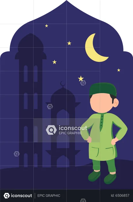 Young islamic boy standing while putting hands on waist  Illustration