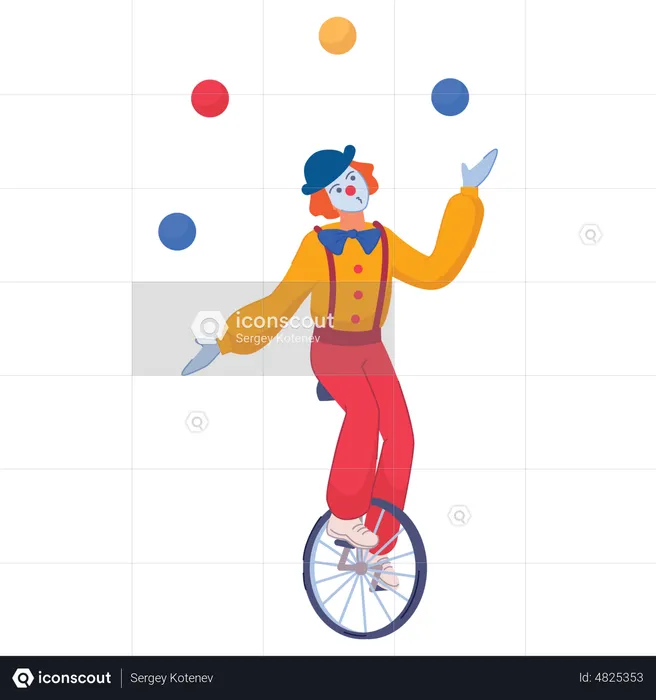 Young joker man riding one wheel cycling with juggling ball  Illustration