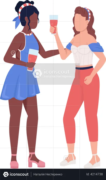 Young ladies in patriotic clothing and holding Drink  Illustration