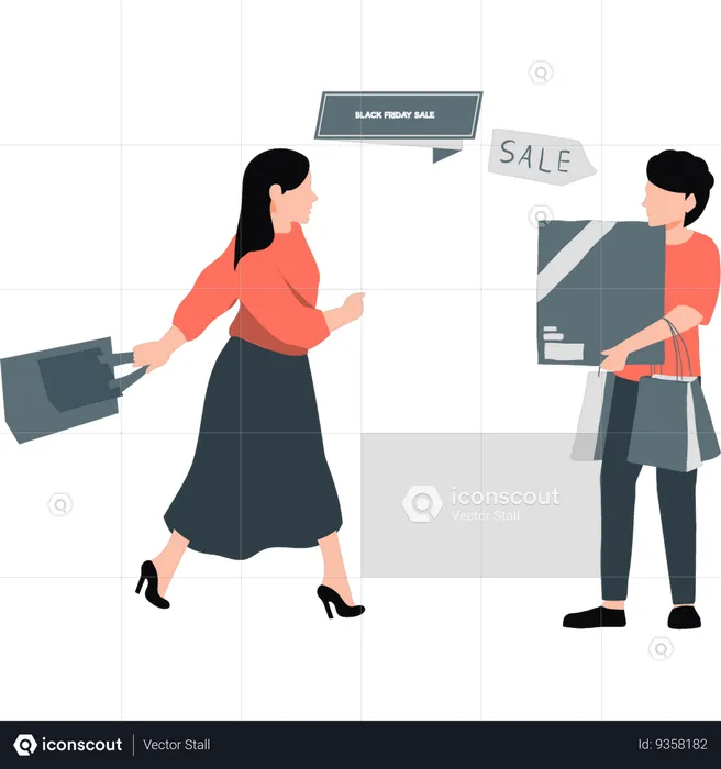 Young lady and man discuss about shopping sale  Illustration