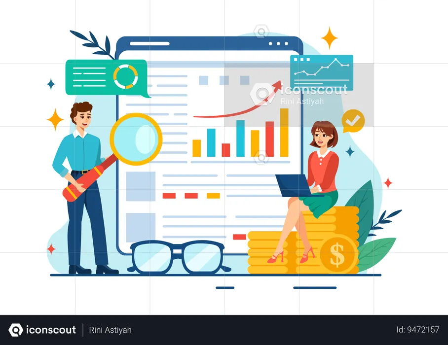 Young lady and man doing business analysis  Illustration