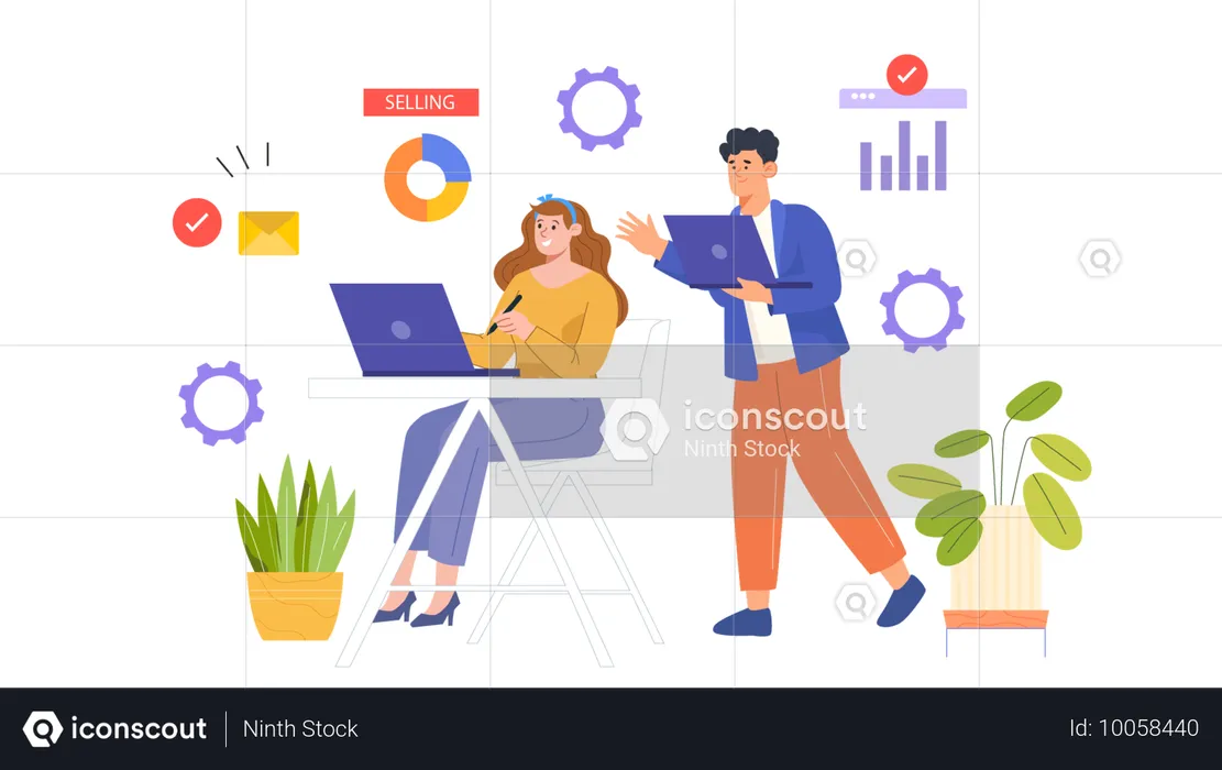 Young lady and man making marketing analysis  Illustration