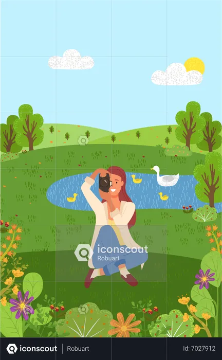 Young lady clinking photo in garden  Illustration