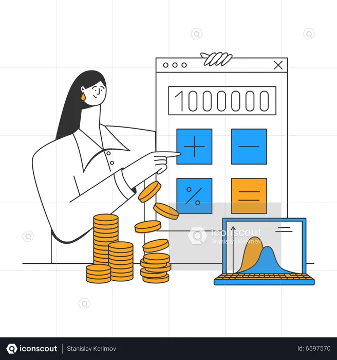 Young lady counts profits on calculator  Illustration