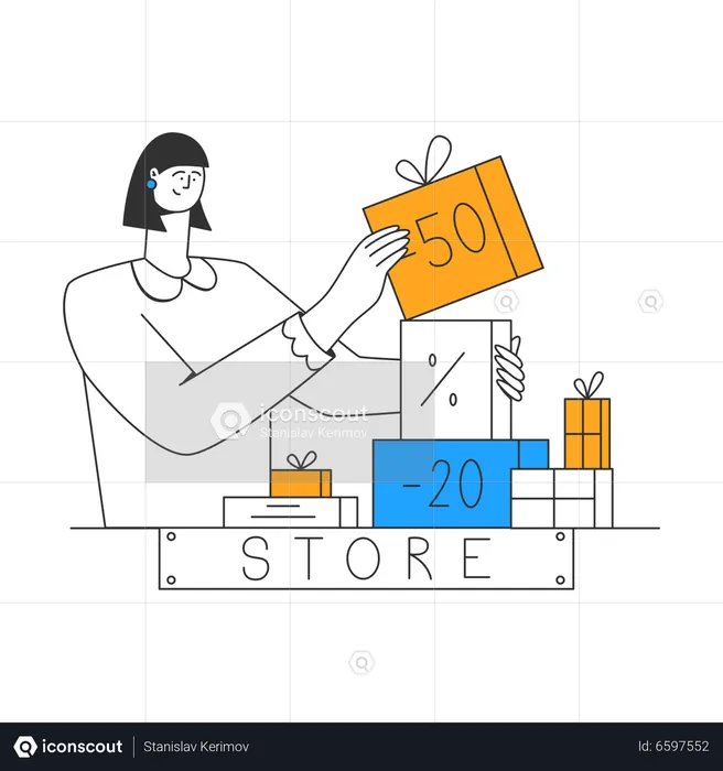 Young lady decorates discounted products on store window  Illustration