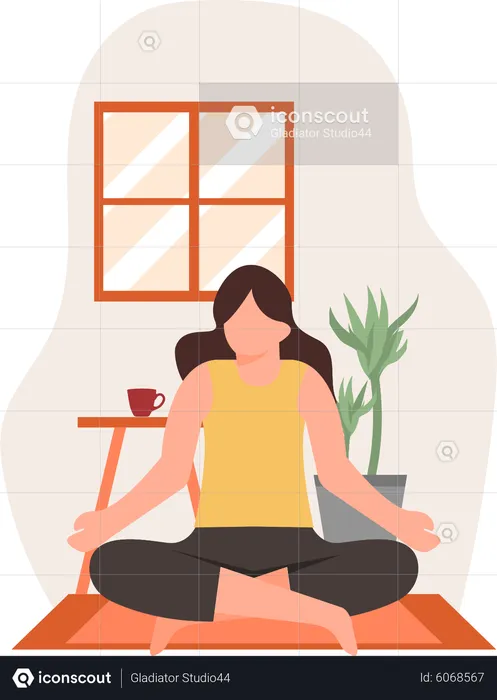 Young lady doing padmasana yoga in home  Illustration