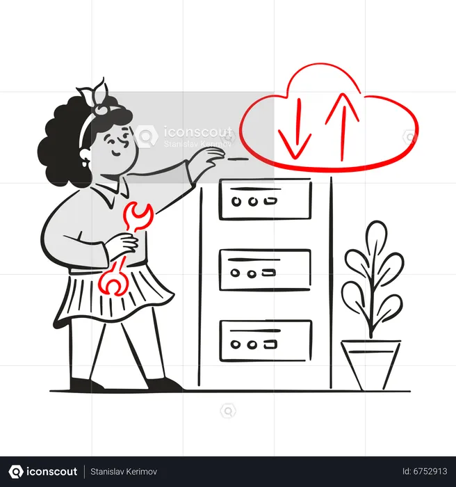 Young lady fixes server with data  Illustration