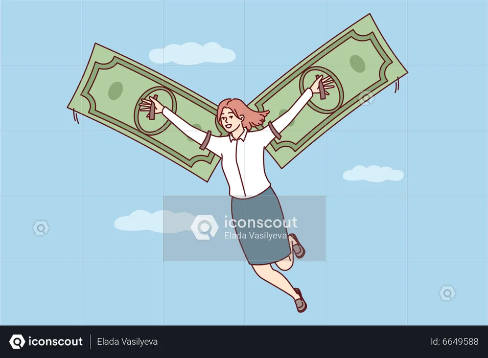 Young lady flying with dollar note  Illustration