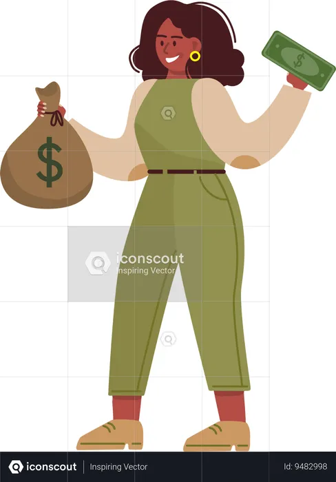 Young lady holding cash and money bag  Illustration