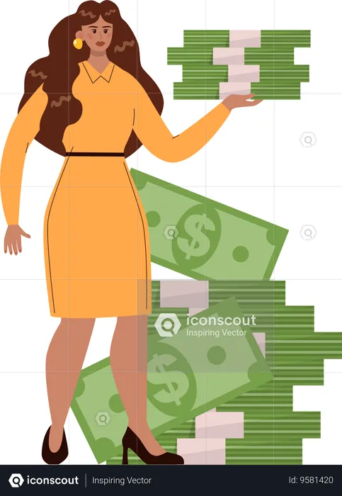 Young lady holding cash bundles  Illustration