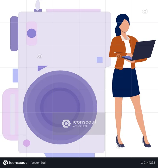 Young lady holding laptop while transfer photo from camera  Illustration