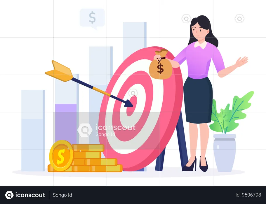Young Lady Holding Money Bag With Financial Target  Illustration