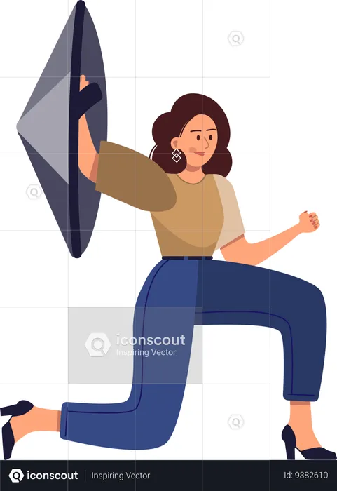 Young lady holding shield while fight for defence  Illustration