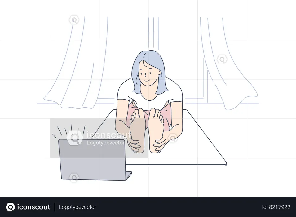 Young lady is doing exercise from online videos  Illustration