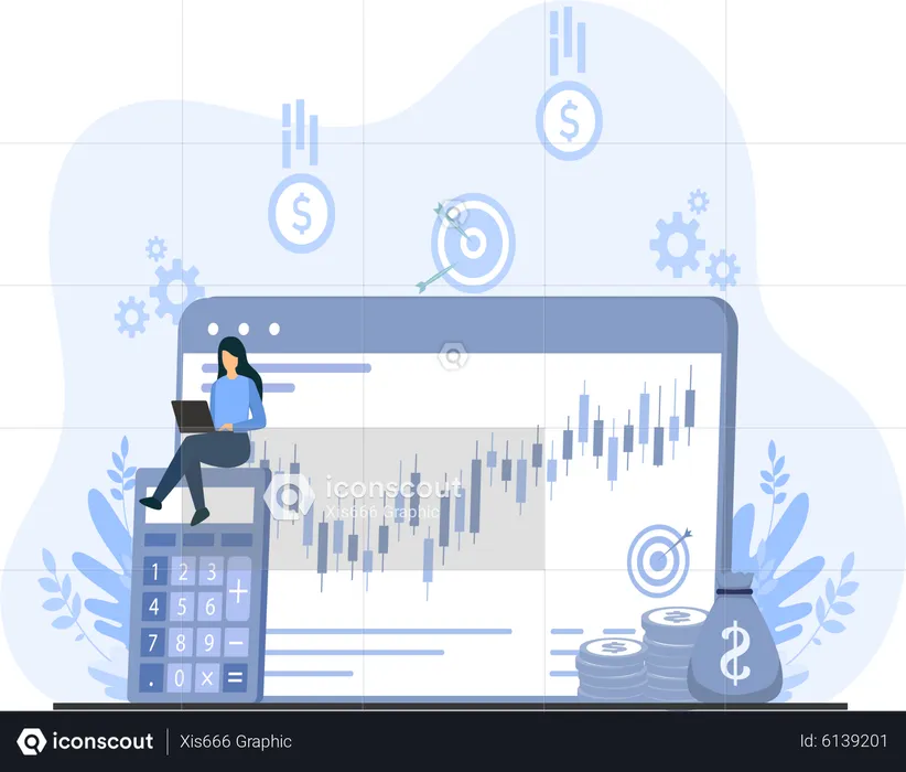 Young Lady Learning Live Market Trend  Illustration
