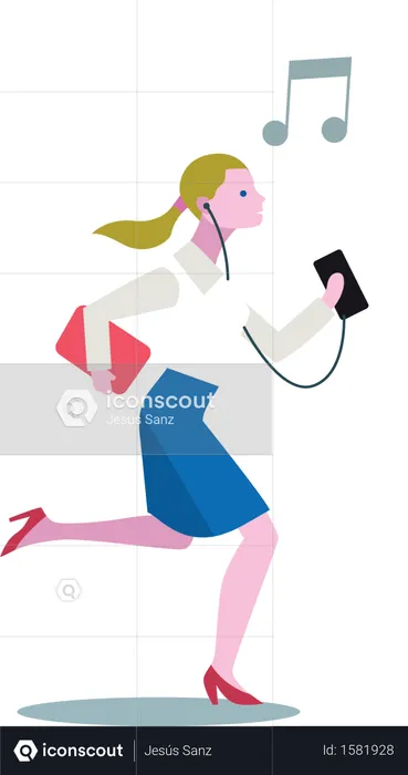 Young lady listening music from her smartphone while running  Illustration