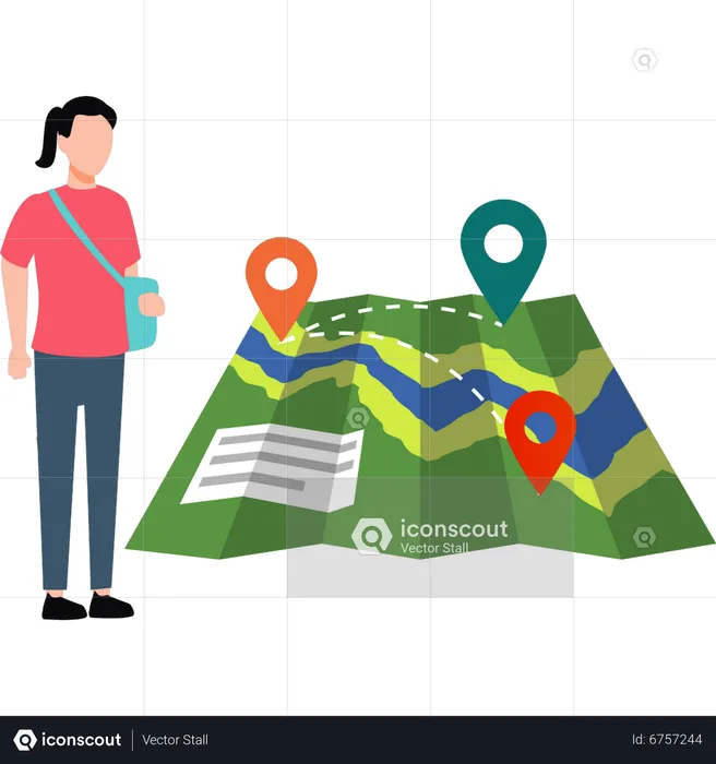 Young lady looking at places on map  Illustration