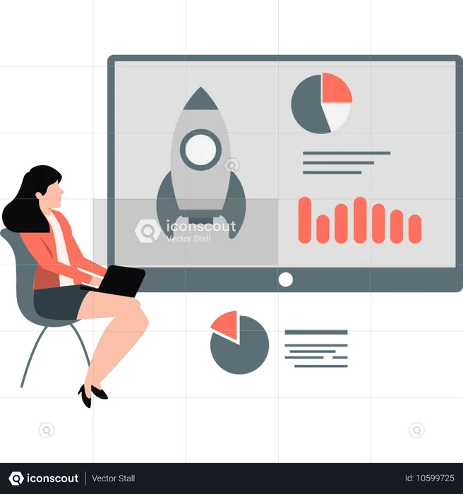 Young lady looking startup rocket  Illustration