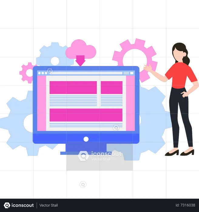 Young Lady managing web page software  Illustration