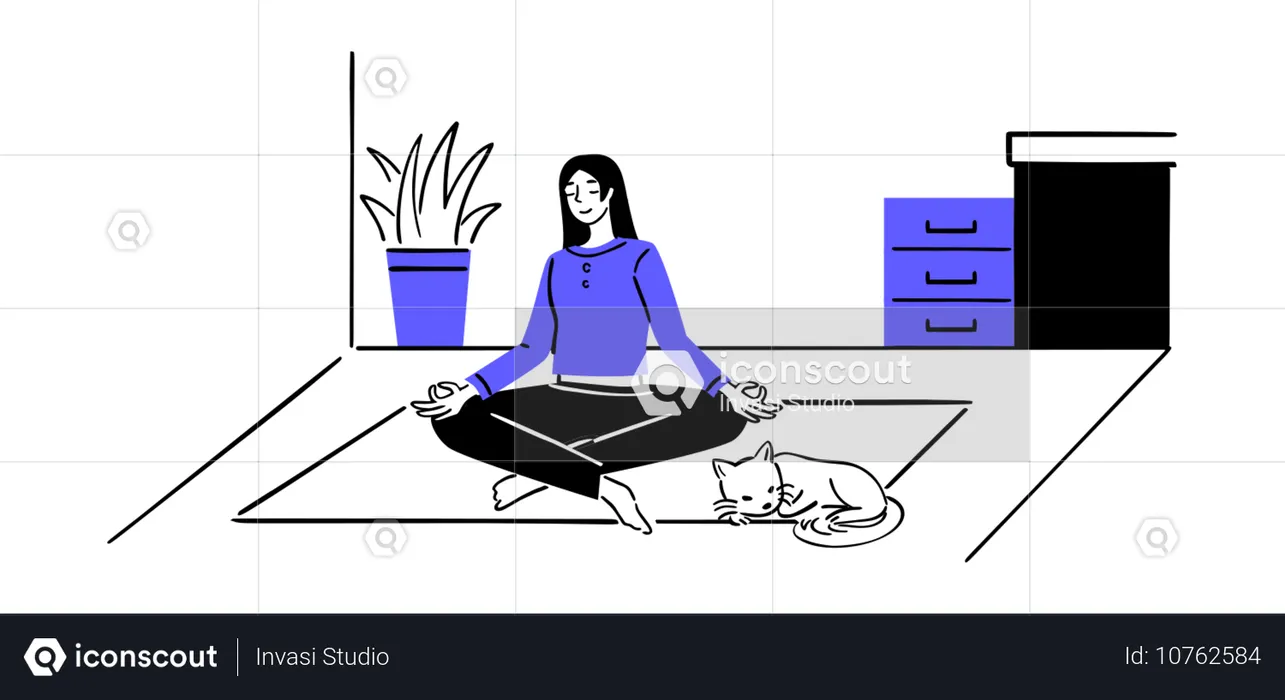 Young Lady Meditation With Dog  Illustration