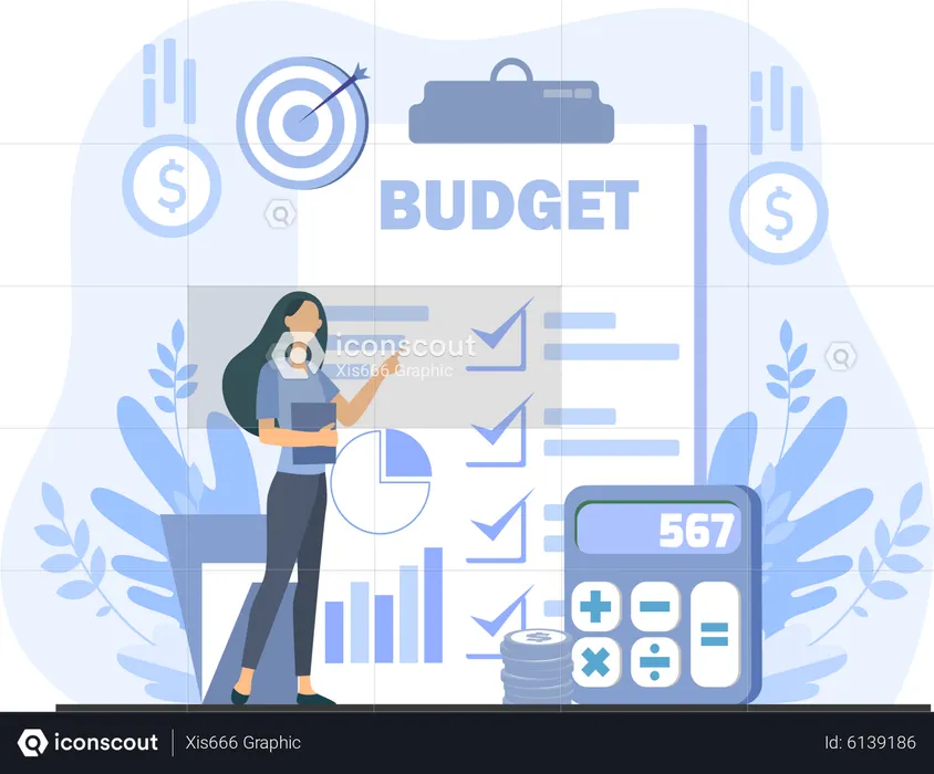 Young lady presenting financial budget report  Illustration