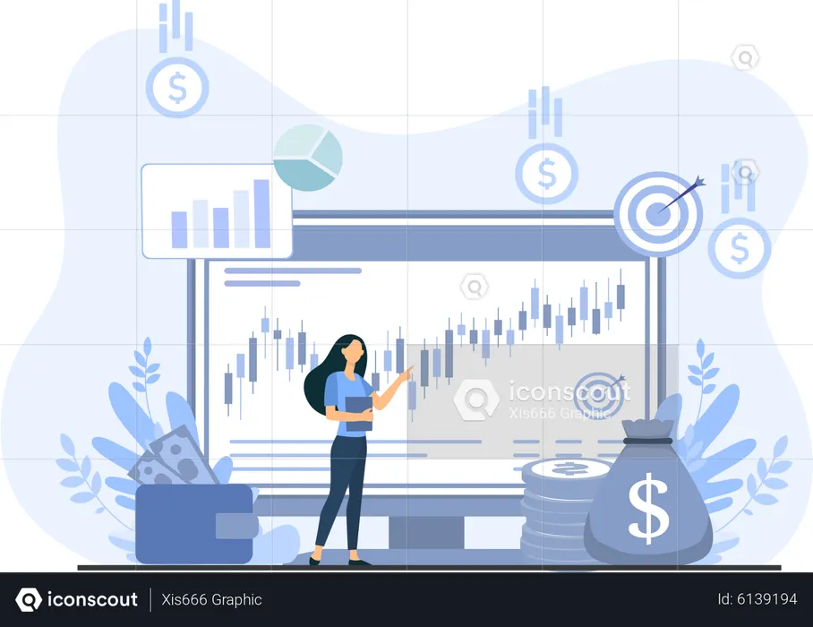 Young Lady Presenting The Market Trend Live  Illustration