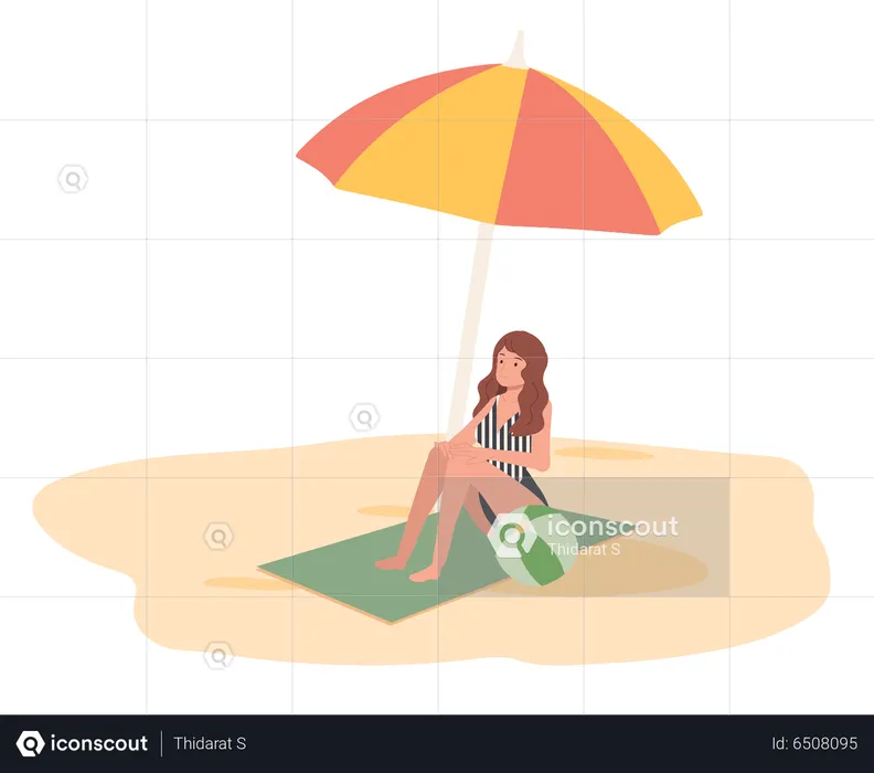 Young Lady Relaxing On The Beach Sit On Mat Under An Umbrella  Illustration