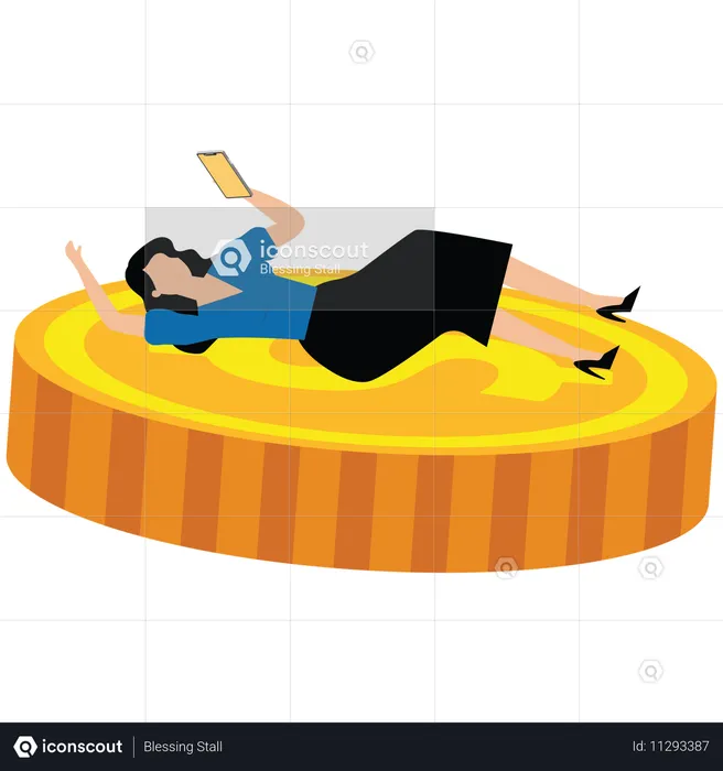 Young lady sleeping on coins holding mobile phone  Illustration