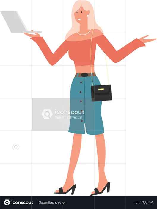 Young lady standing and holding laptop  Illustration