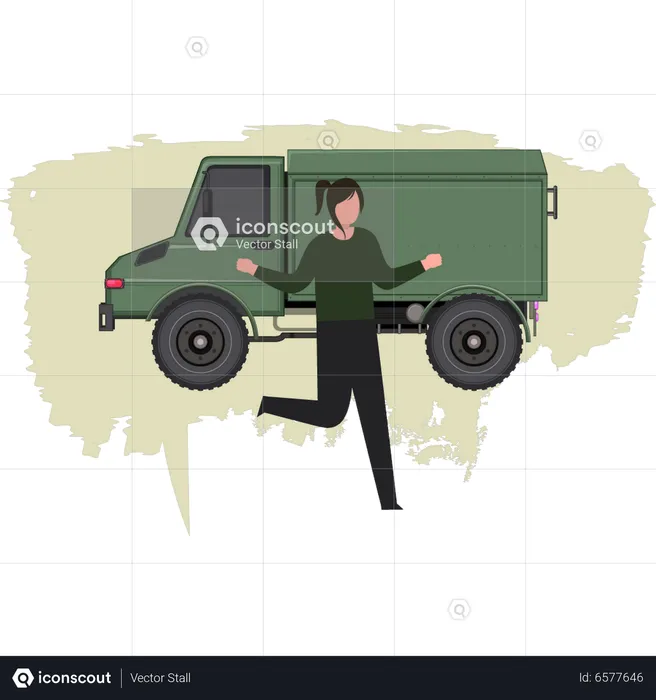 Young Lady Standing Newly Army Truck  Illustration