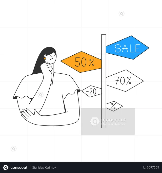 Young lady thinks what discount to choose  Illustration