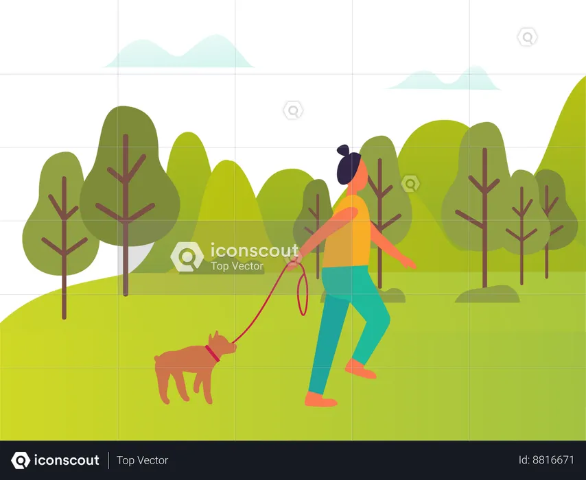 Young lady took pet dog on walk  Illustration