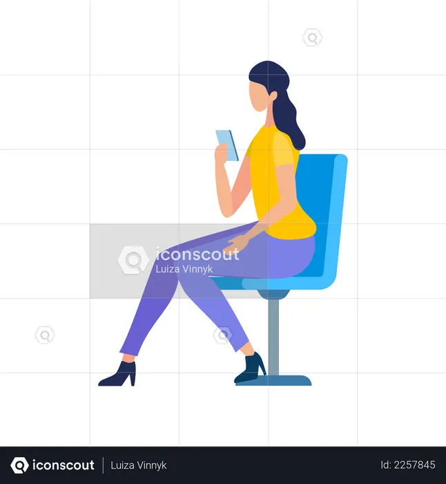 Young lady using mobile while seating on chair  Illustration