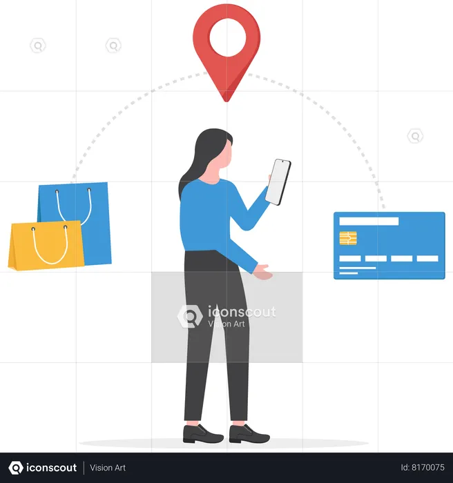 Young lady using online shopping app on her mobile  Illustration
