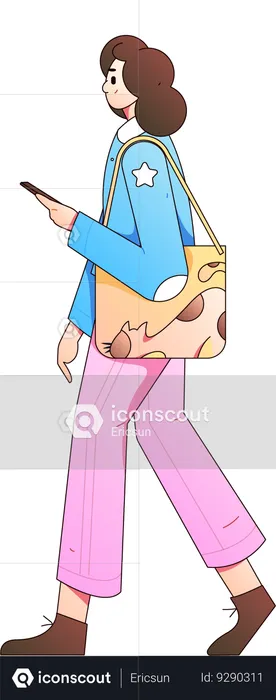 Young lady walking with carrying bag while looking at mobile  Illustration