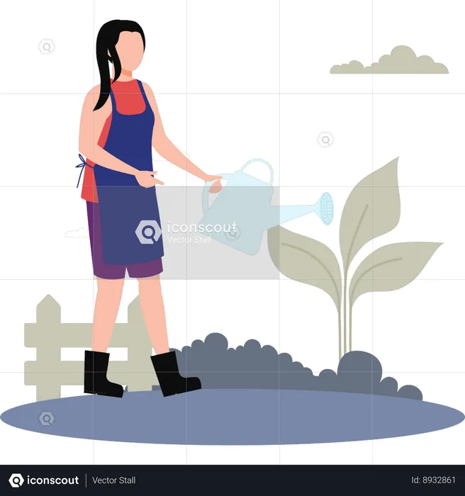 Young Lady Watering Plant  Illustration