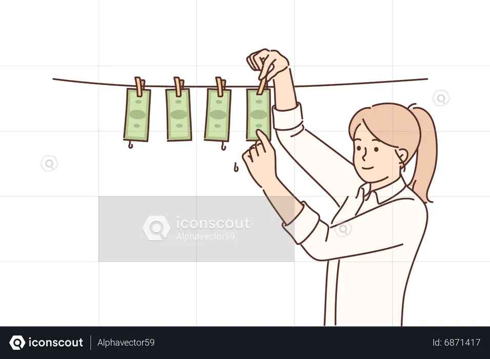 Young lady Wet dollar note hanging on rope  Illustration